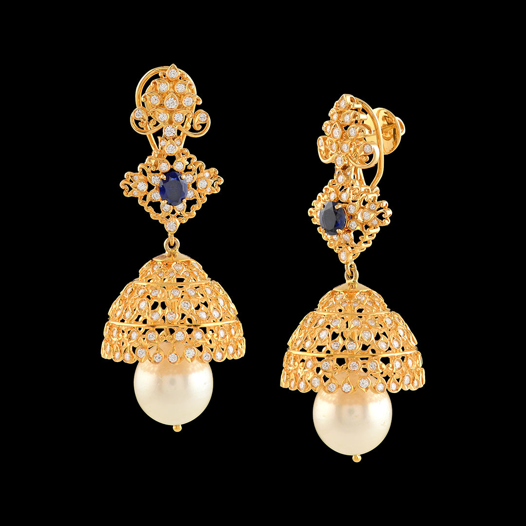 Diamond Jhumka in Filigree Work - Krishna Jewellers Pearls and Gems