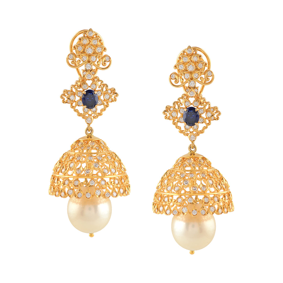 Diamond Jhumka in Filigree Work - Krishna Jewellers Pearls and Gems