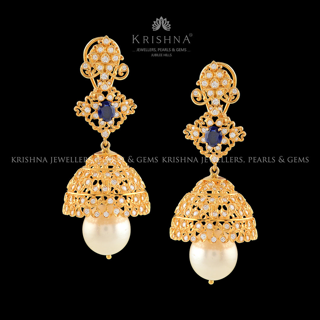 Diamond Jhumka in Filigree Work - Krishna Jewellers Pearls and Gems