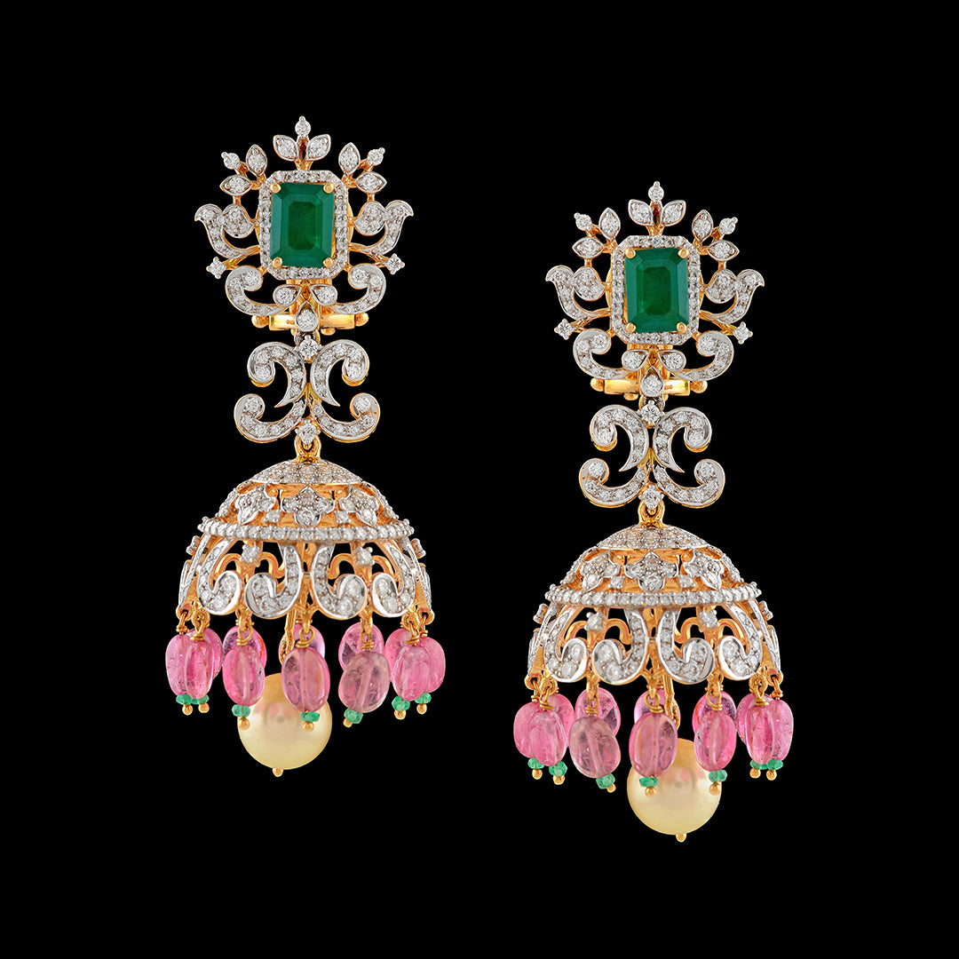 Diamond Jhumka Earrings with Tourmaline Beads - Krishna Jewellers Pearls and Gems