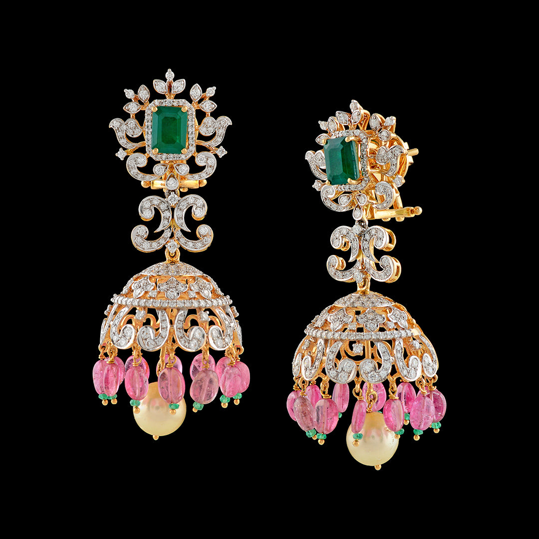 Diamond Jhumka Earrings with Tourmaline Beads - Krishna Jewellers Pearls and Gems