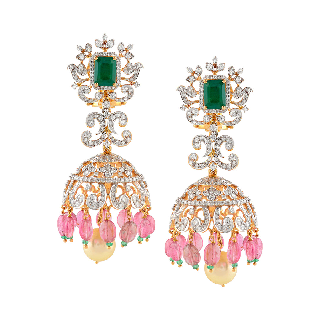 Diamond Jhumka Earrings with Tourmaline Beads - Krishna Jewellers Pearls and Gems