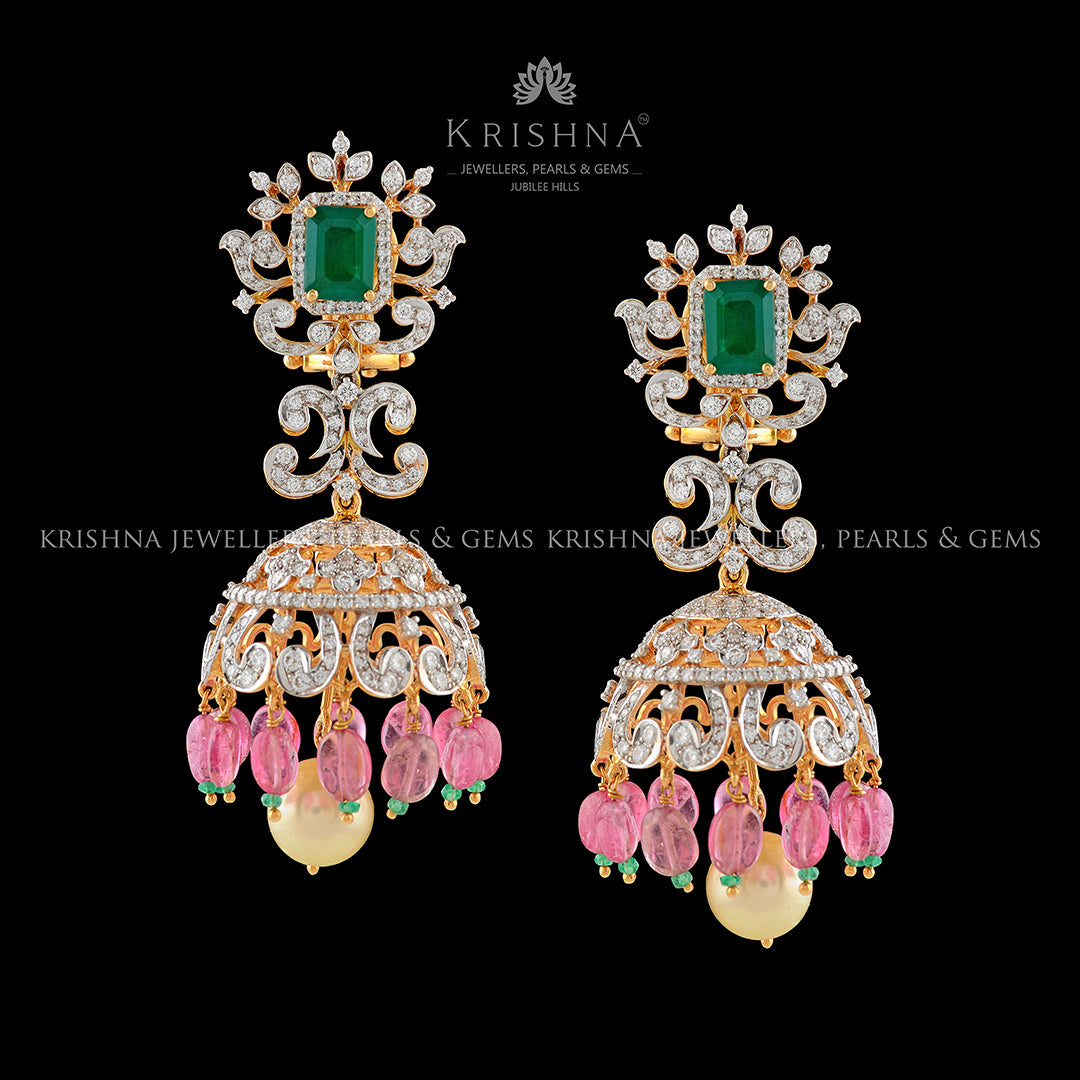 Diamond Jhumka Earrings with Tourmaline Beads - Krishna Jewellers Pearls and Gems