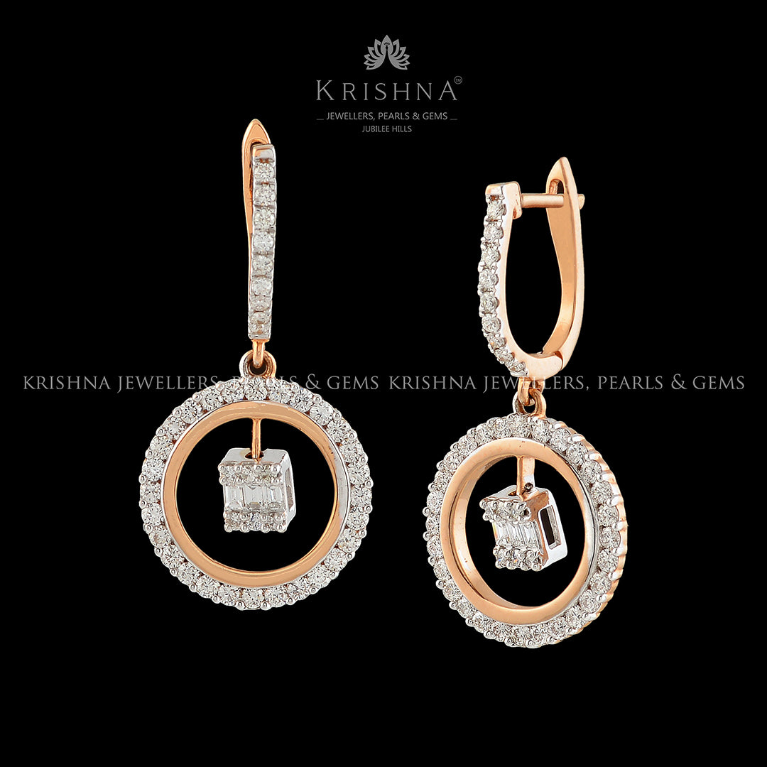 Square and Circle huggie diamond earrings - Krishna Jewellers Pearls and Gems