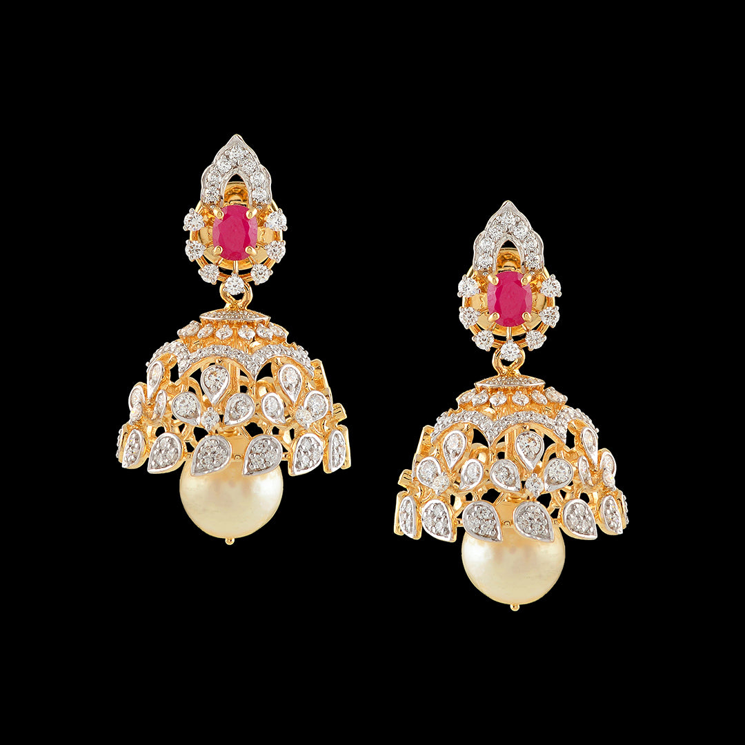 Diamond Jhumka Earrings with Pearl Drops - Krishna Jewellers Pearls and Gems