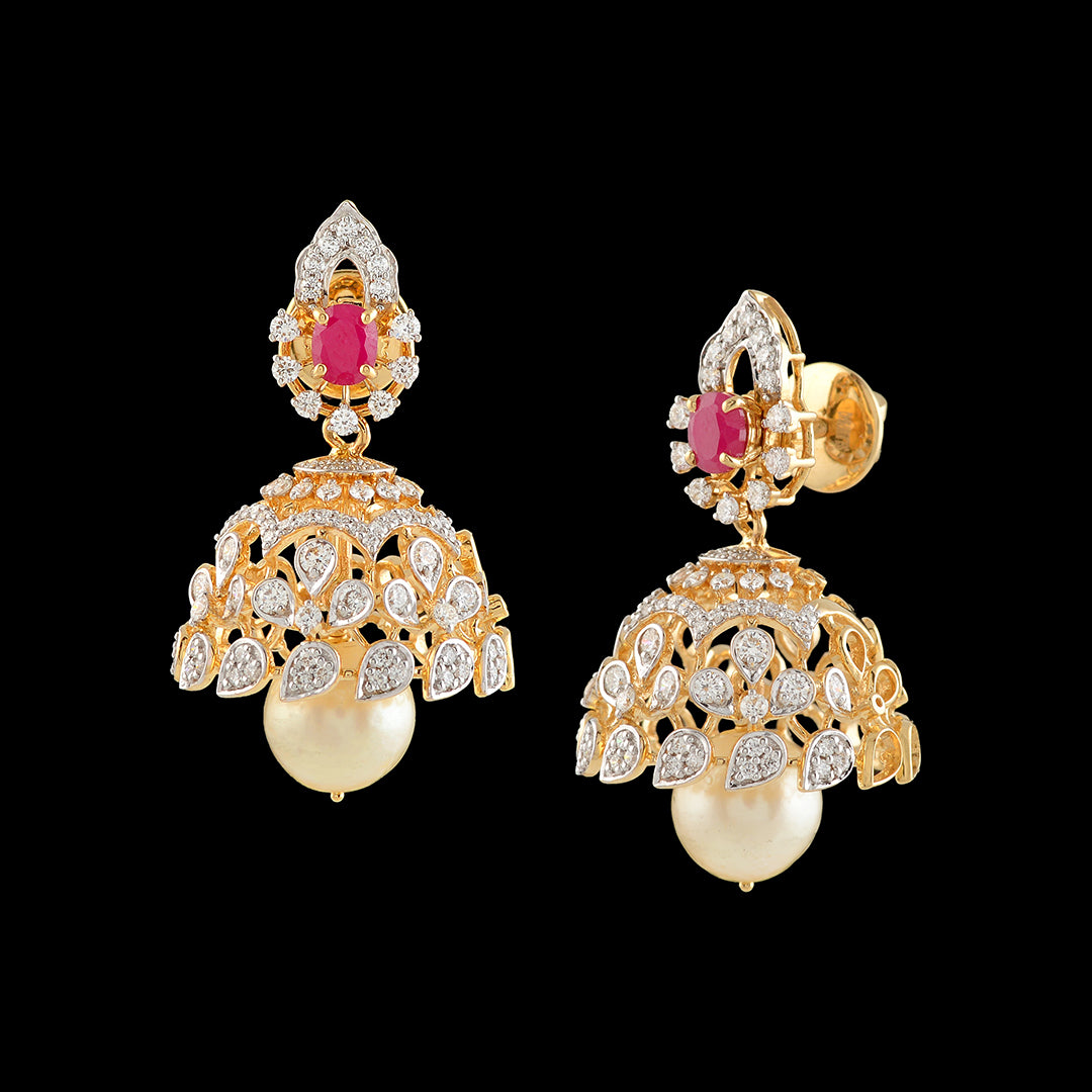 Diamond Jhumka Earrings with Pearl Drops - Krishna Jewellers Pearls and Gems
