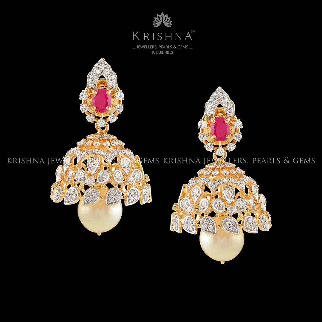 Diamond Jhumka Earrings with Pearl Drops - Krishna Jewellers Pearls and Gems