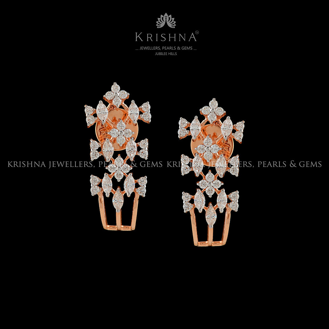 Floral  Diamond Rose Gold Earrings - Krishna Jewellers Pearls and Gems