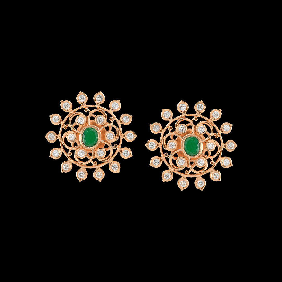 Flower Diamond Studs with Greenstone - Krishna Jewellers Pearls and Gems
