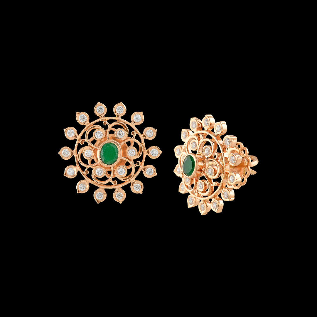 Flower Diamond Studs with Greenstone - Krishna Jewellers Pearls and Gems