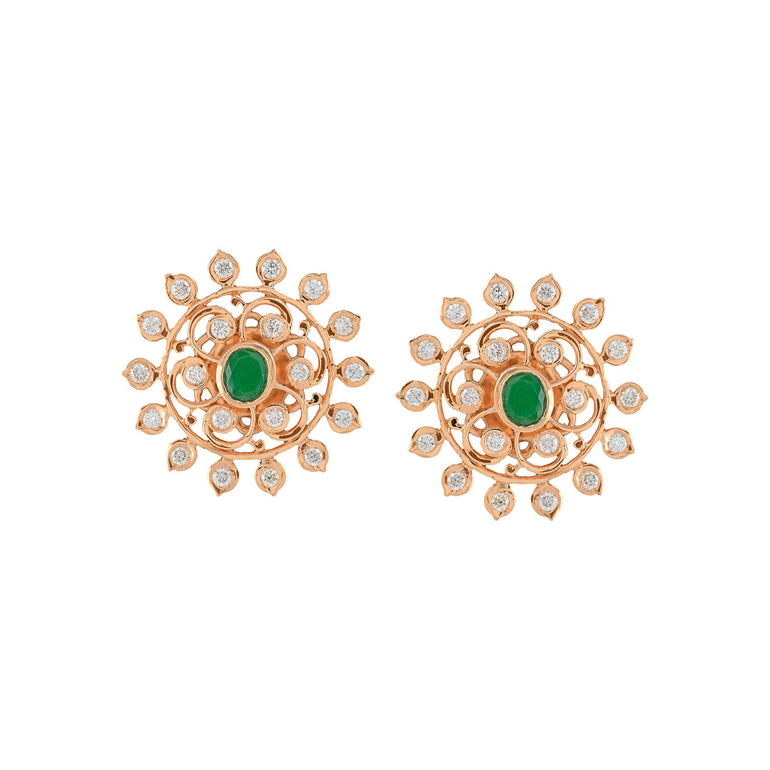 Flower Diamond Studs with Greenstone - Krishna Jewellers Pearls and Gems