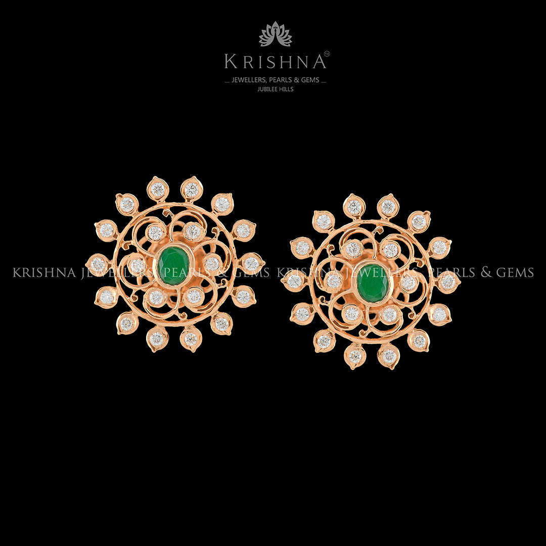Flower Diamond Studs with Greenstone - Krishna Jewellers Pearls and Gems