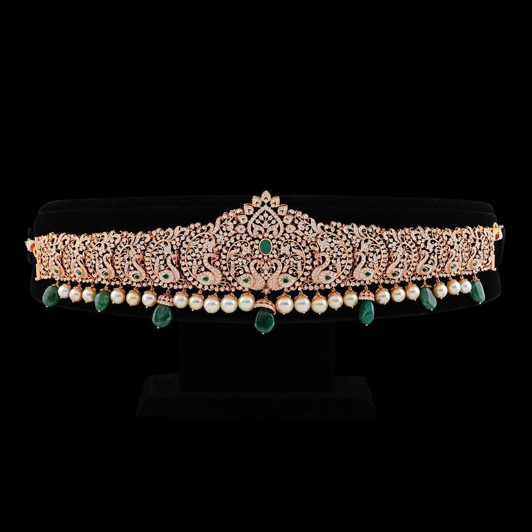 Diamond and Pearl Vaddnam in Peacock Motif - Krishna Jewellers Pearls and Gems
