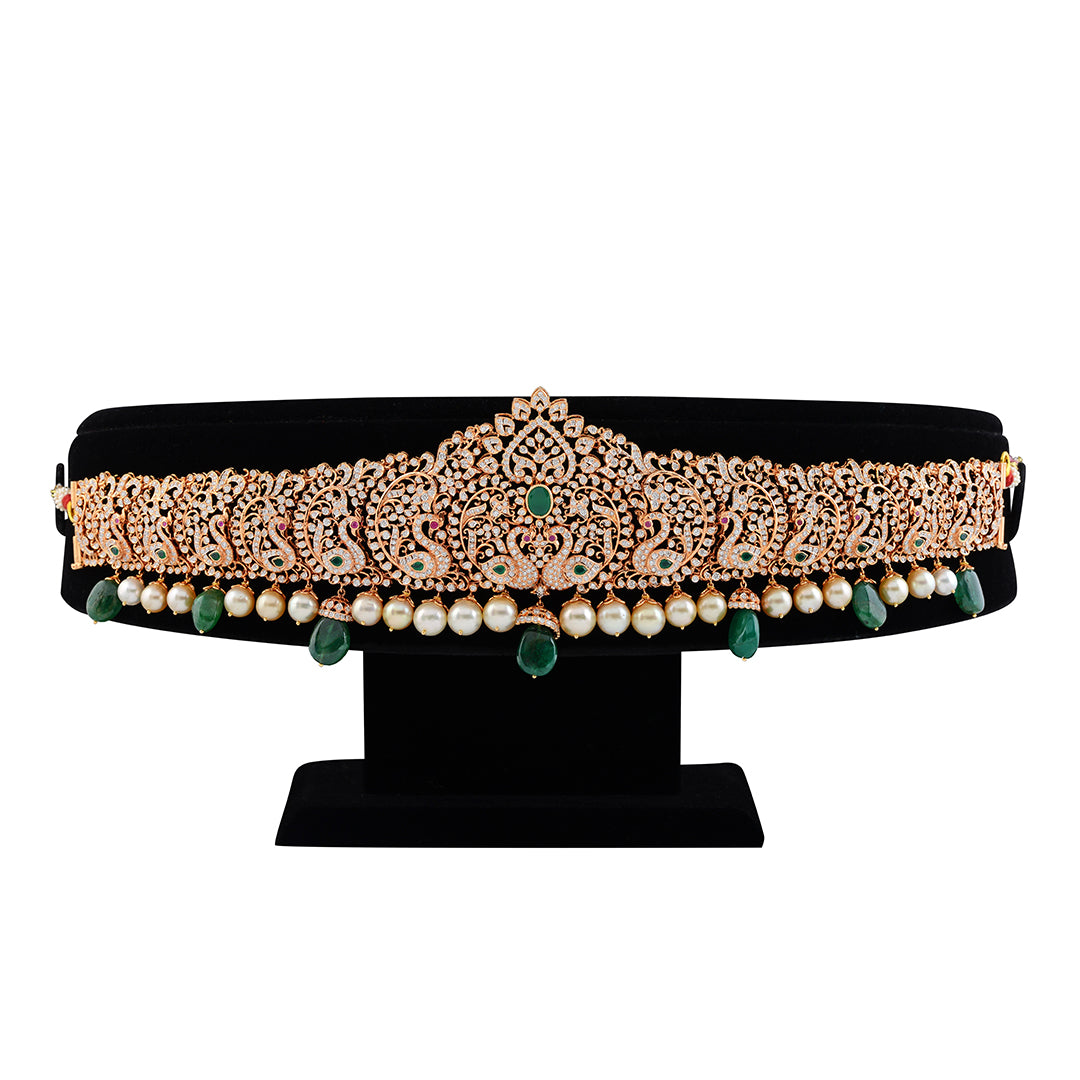 Diamond and Pearl Vaddnam in Peacock Motif - Krishna Jewellers Pearls and Gems