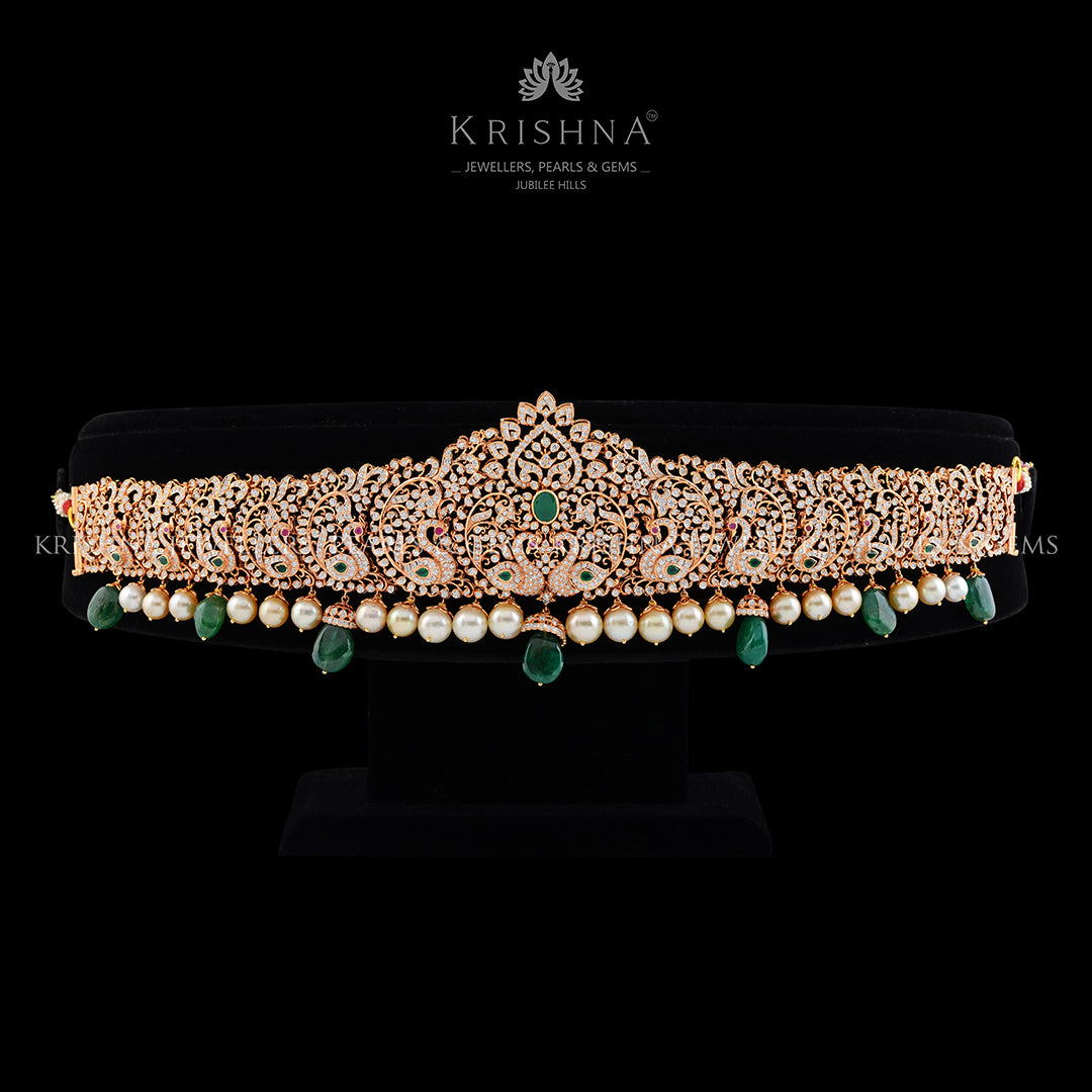 Diamond and Pearl Vaddnam in Peacock Motif - Krishna Jewellers Pearls and Gems