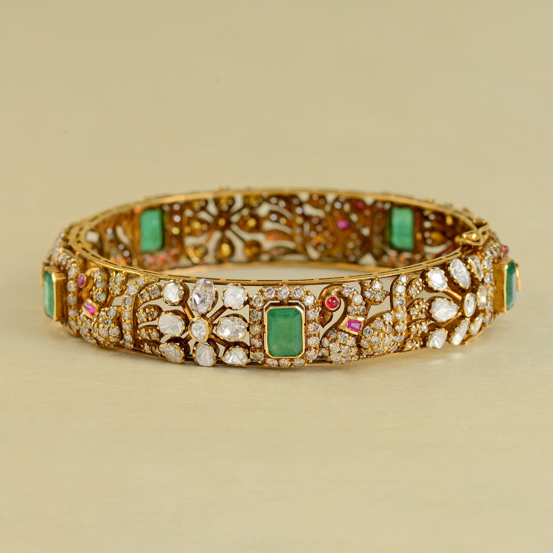 18k Victorian Gold Polki Emerald Ruby Bangles - Krishna Jewellers Pearls and Gems