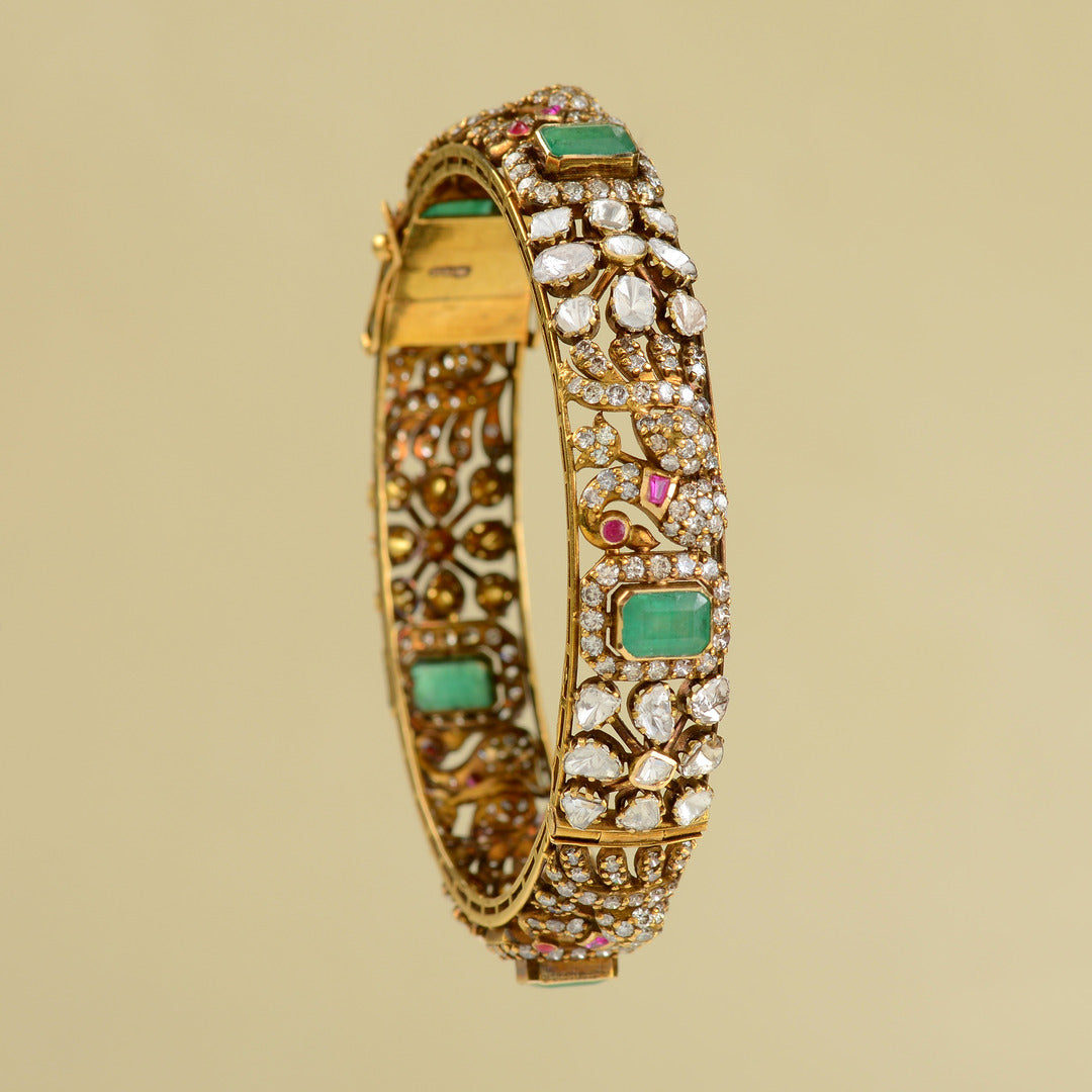 18k Victorian Gold Polki Emerald Ruby Bangles - Krishna Jewellers Pearls and Gems