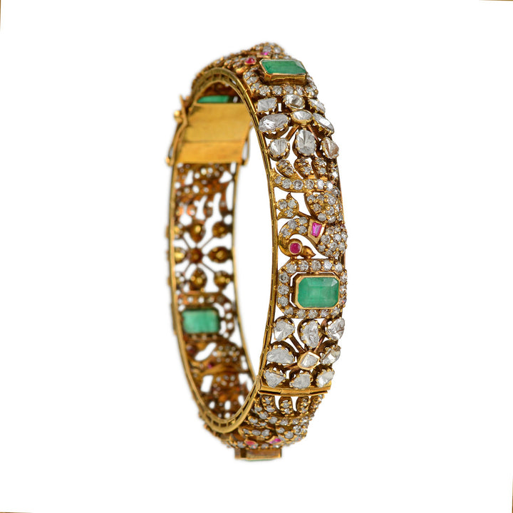 18k Victorian Gold Polki Emerald Ruby Bangles - Krishna Jewellers Pearls and Gems