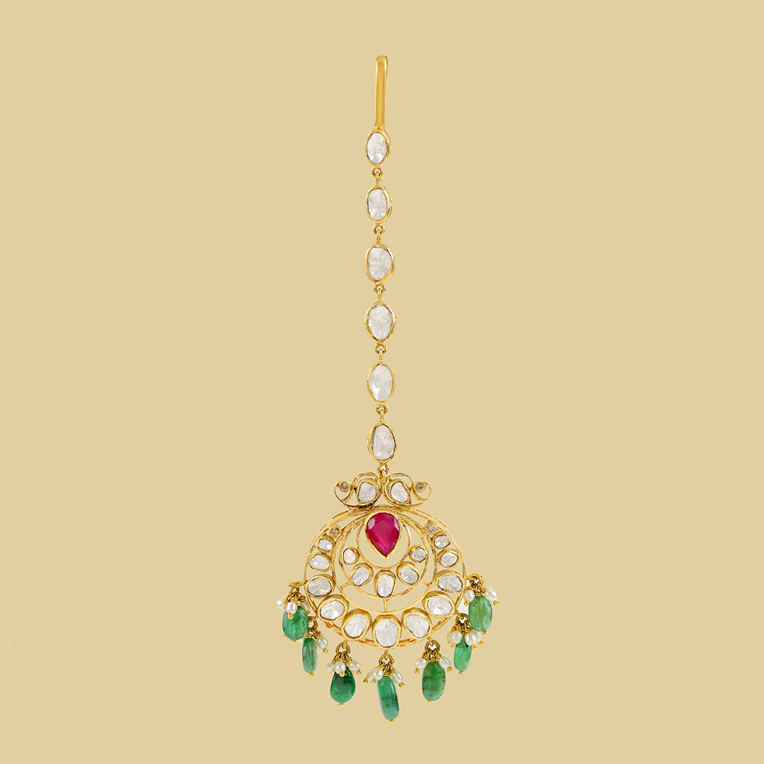 18k Gold Emerald Mangtika - Krishna Jewellers Pearls and Gems