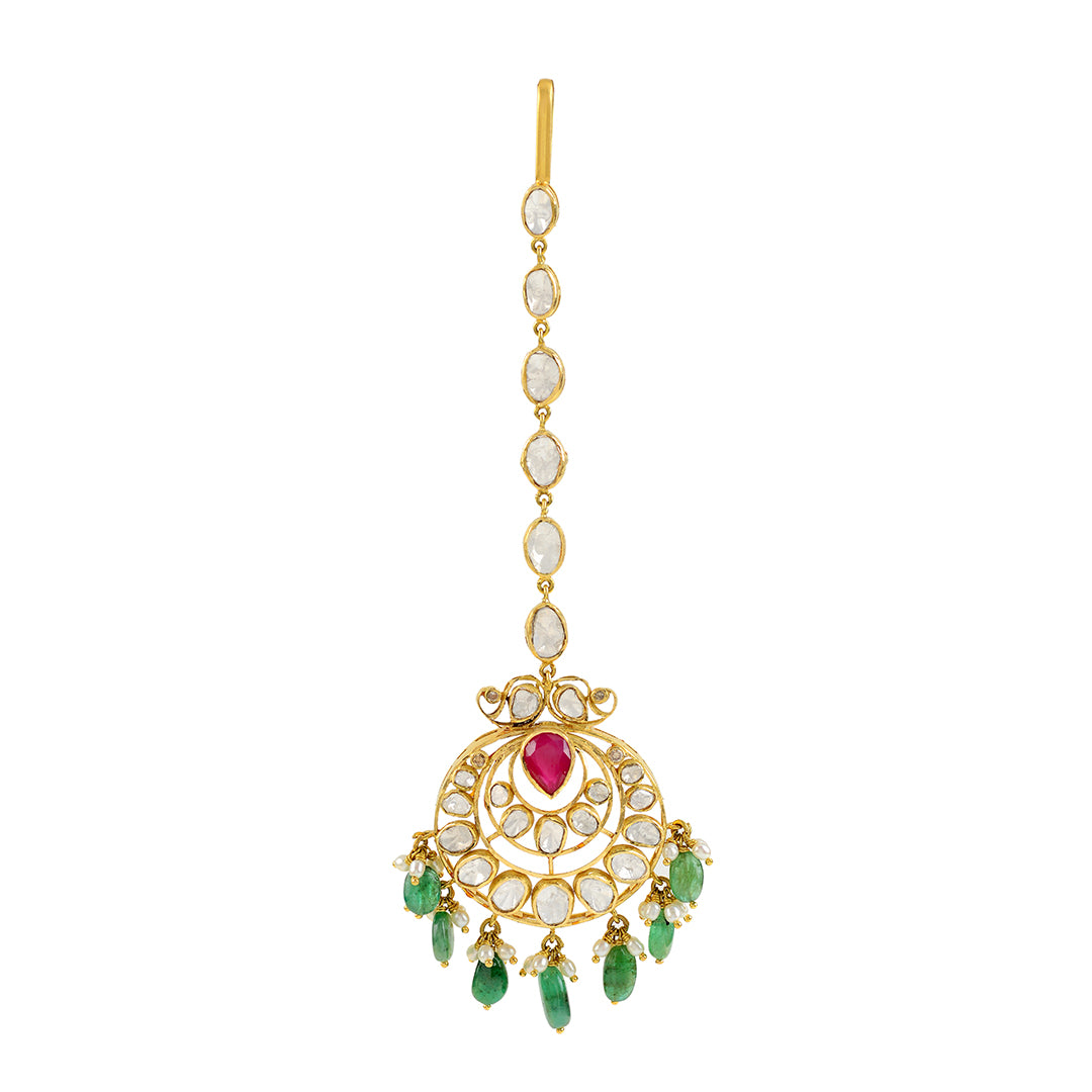 18k Gold Emerald Mangtika - Krishna Jewellers Pearls and Gems