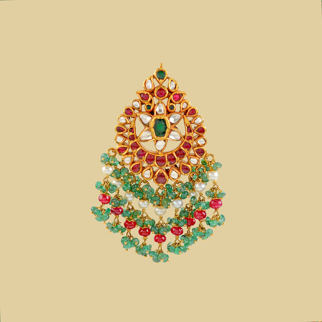 22k gold kundan ruby emerald Mangtika - Krishna Jewellers Pearls and Gems