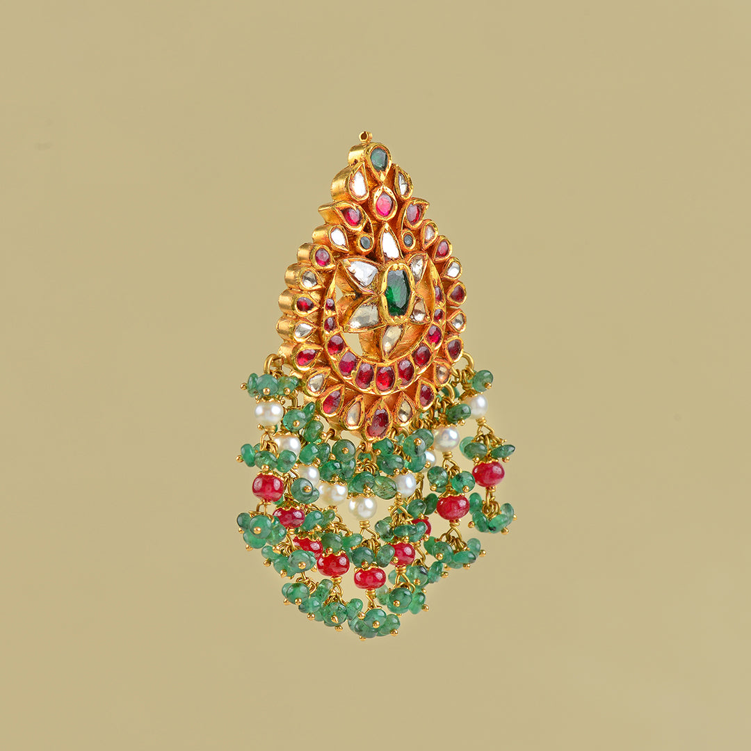 22k gold kundan ruby emerald Mangtika - Krishna Jewellers Pearls and Gems