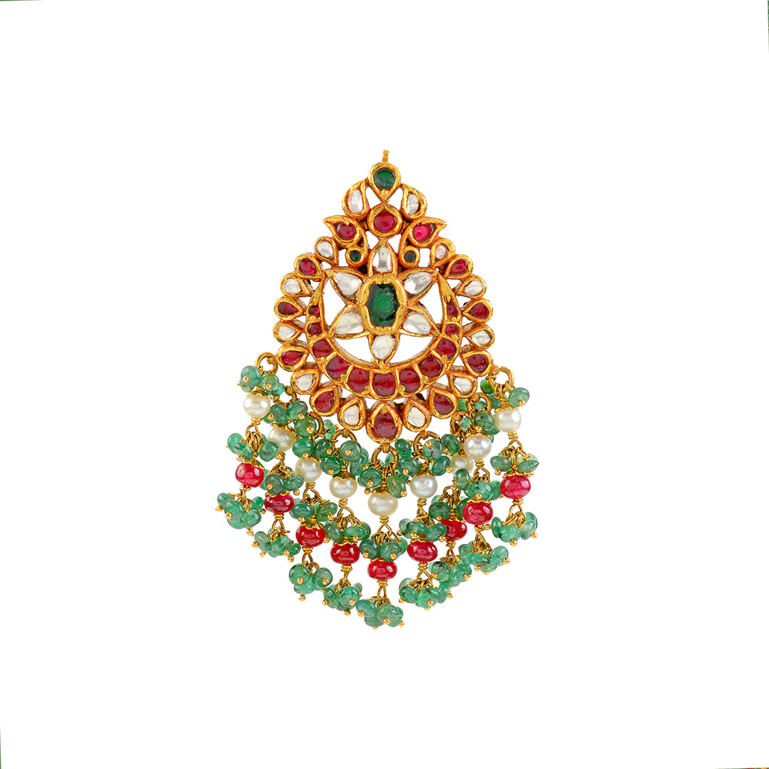 22k gold kundan ruby emerald Mangtika - Krishna Jewellers Pearls and Gems