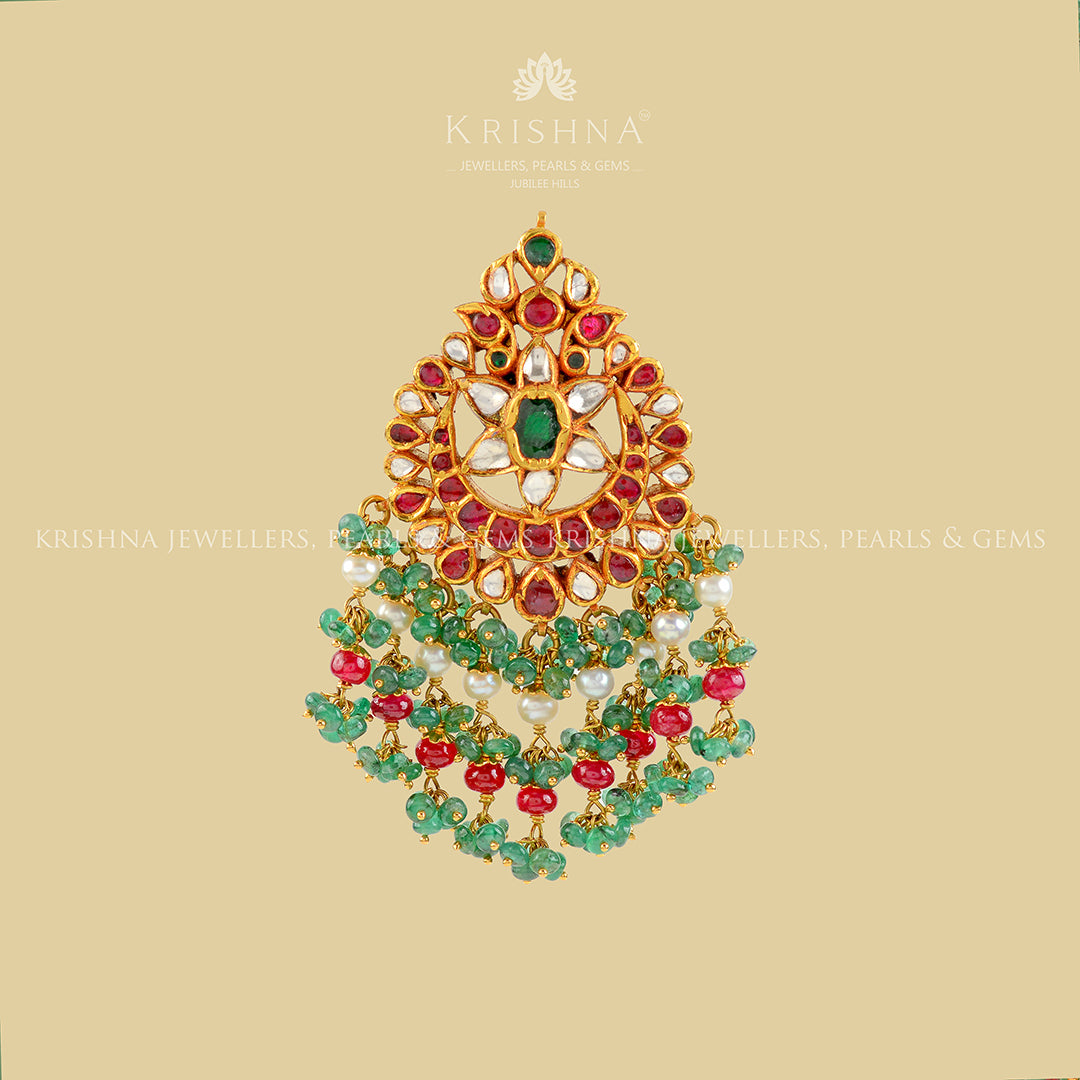 22k gold kundan ruby emerald Mangtika - Krishna Jewellers Pearls and Gems