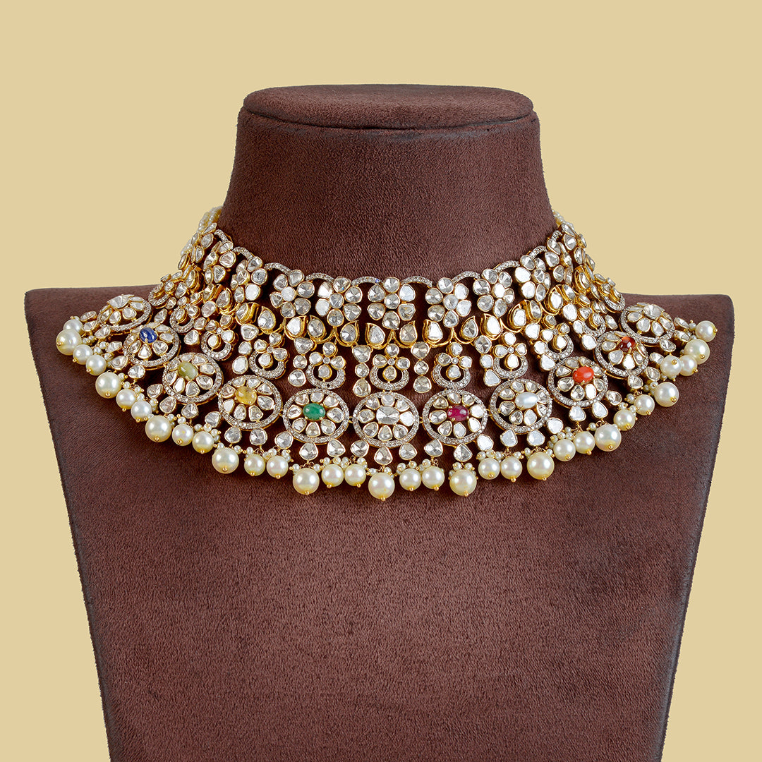 14k Navaratan Pearl Polki Choker - Krishna Jewellers Pearls and Gems