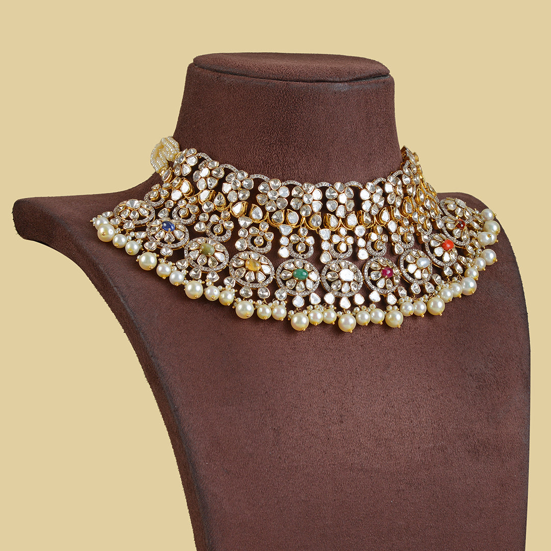 14k Navaratan Pearl Polki Choker - Krishna Jewellers Pearls and Gems