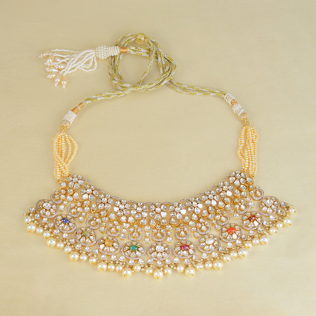 14k Navaratan Pearl Polki Choker - Krishna Jewellers Pearls and Gems