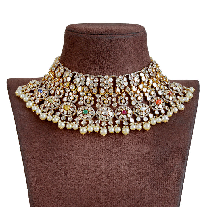 14k Navaratan Pearl Polki Choker - Krishna Jewellers Pearls and Gems