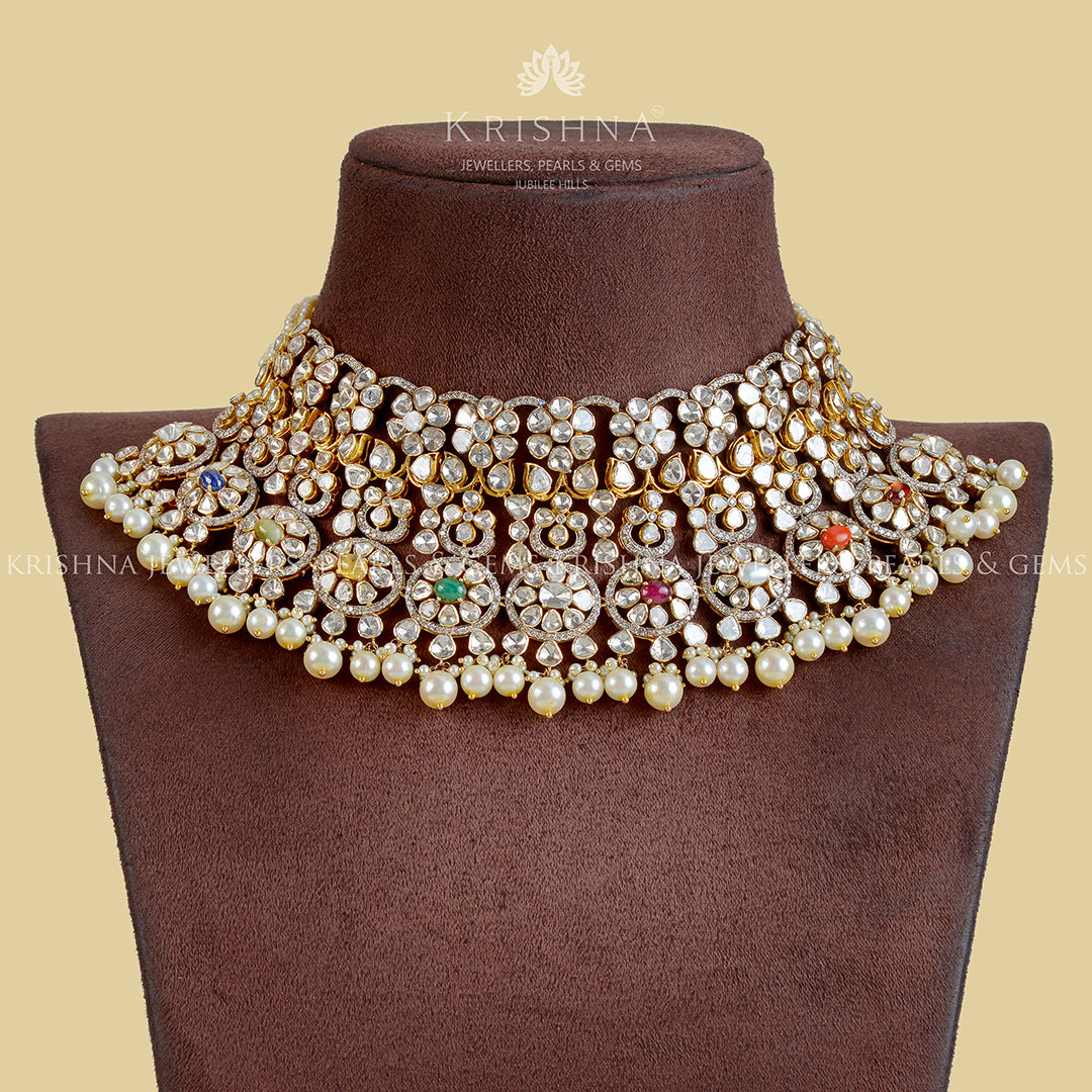 14k Navaratan Pearl Polki Choker - Krishna Jewellers Pearls and Gems