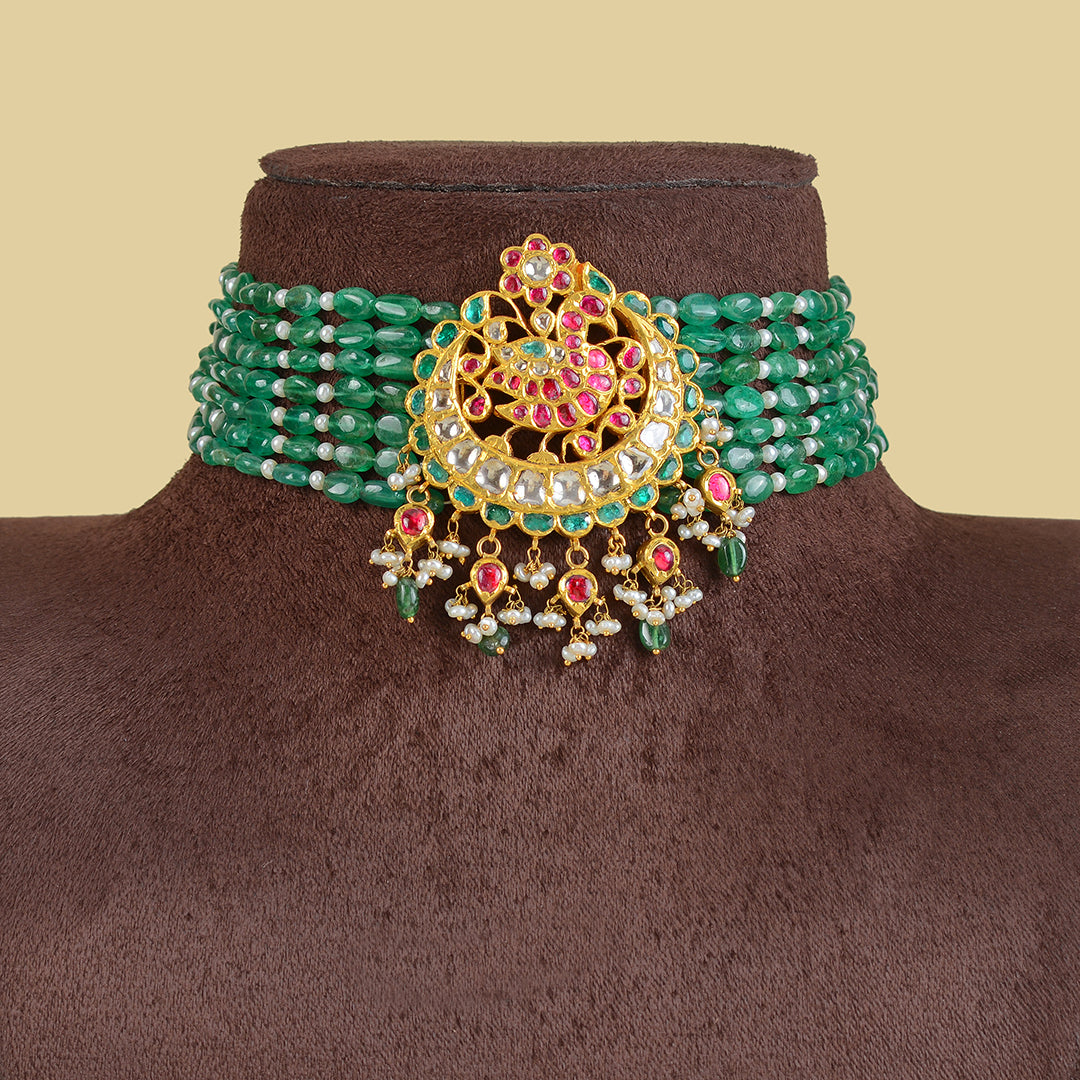 22k Emerald Gold Kundan Polki Choker - Krishna Jewellers Pearls and Gems