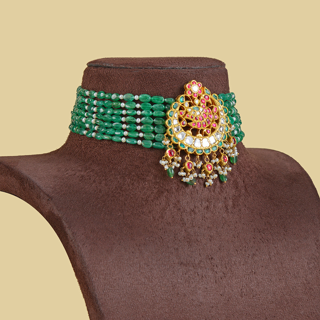 22k Emerald Gold Kundan Polki Choker - Krishna Jewellers Pearls and Gems