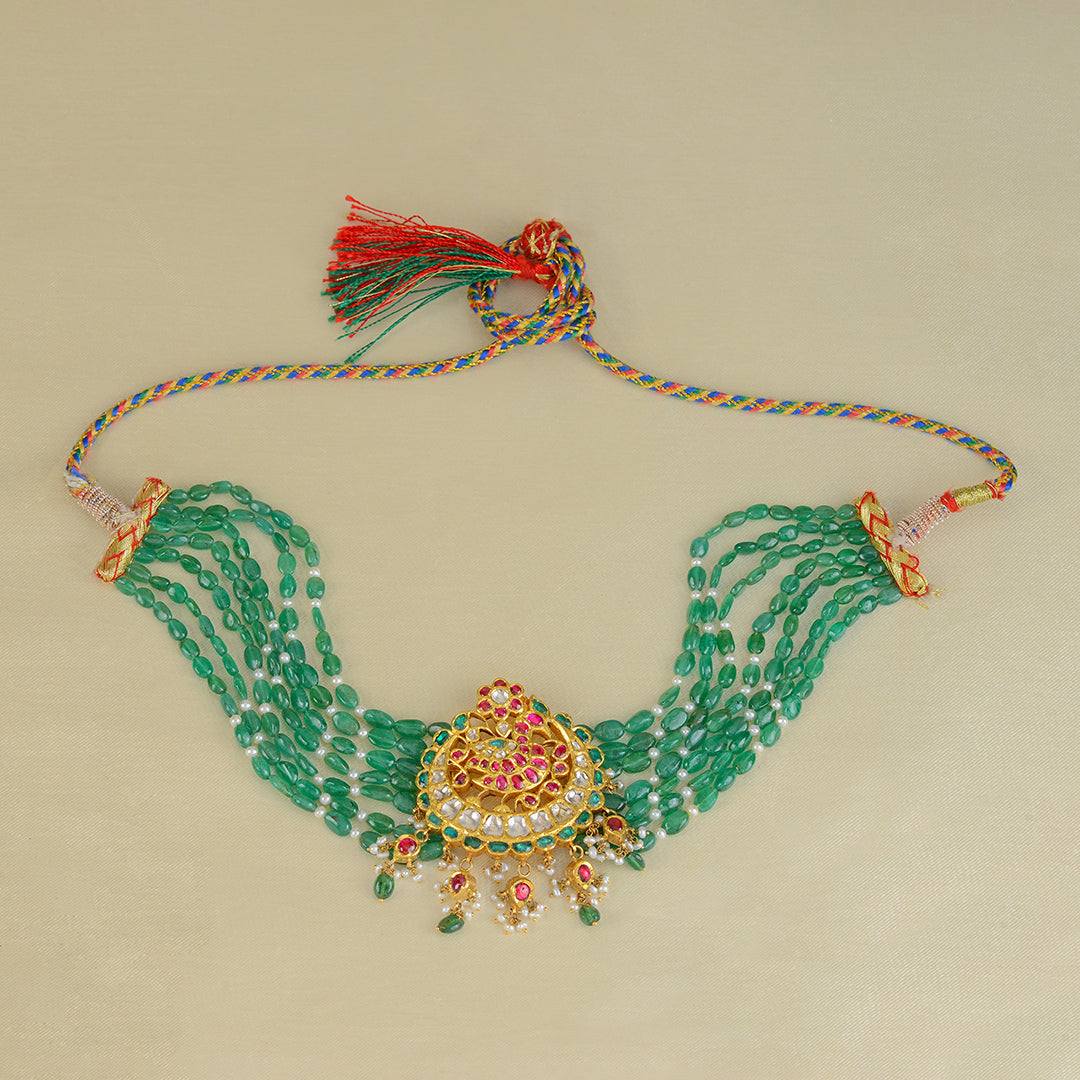 22k Emerald Gold Kundan Polki Choker - Krishna Jewellers Pearls and Gems