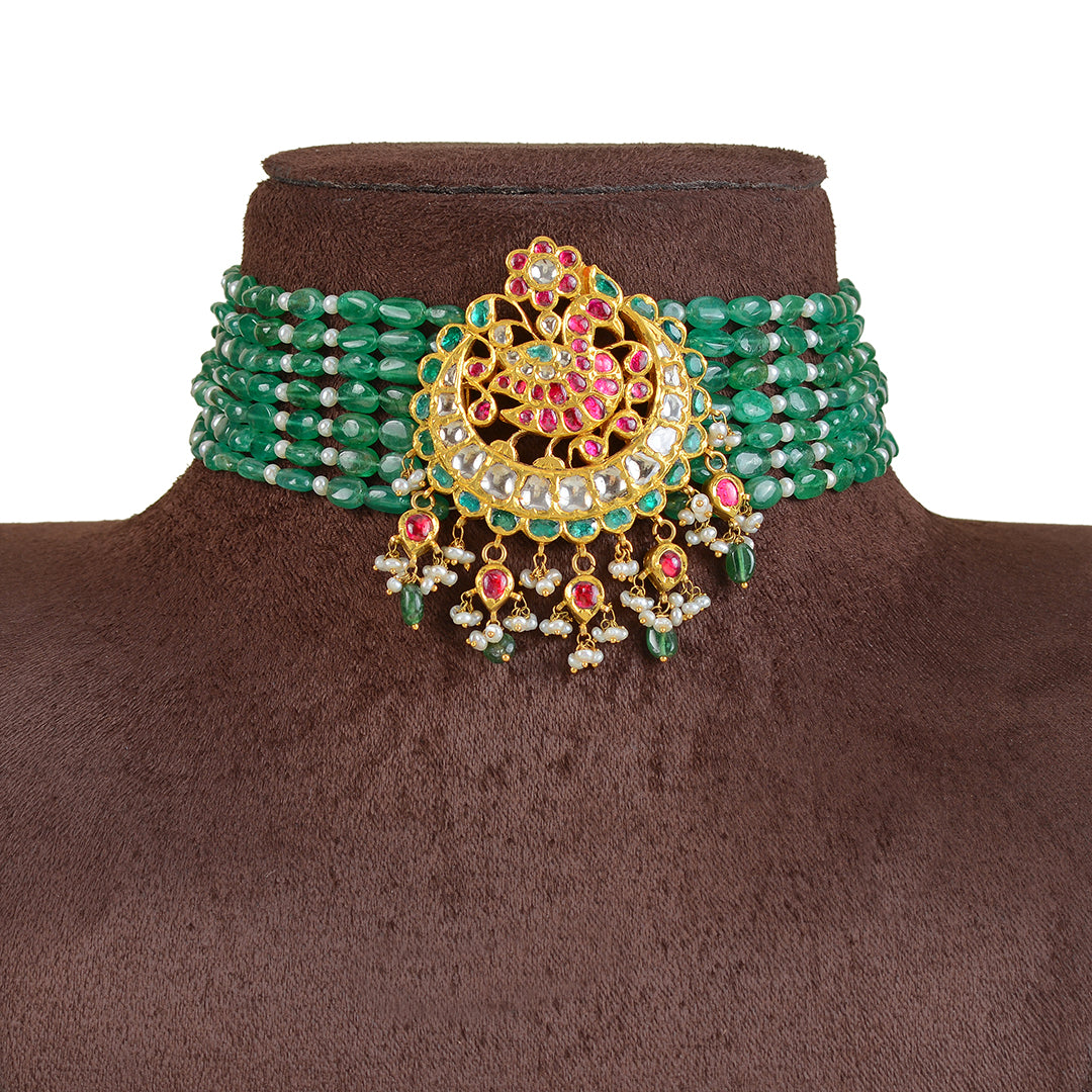 22k Emerald Gold Kundan Polki Choker - Krishna Jewellers Pearls and Gems