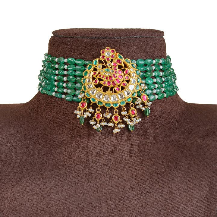 22k Emerald Gold Kundan Polki Choker - Krishna Jewellers Pearls and Gems