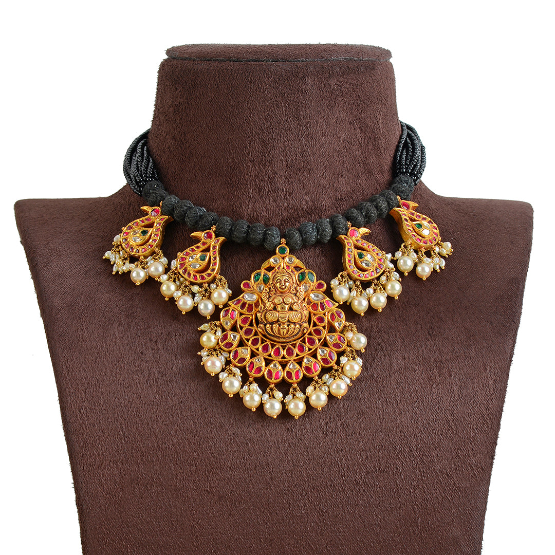 Gold Kundan Black Thread Necklace - Krishna Jewellers Pearls and Gems