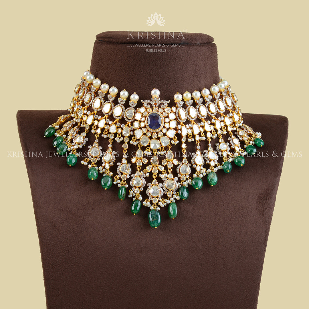 Polki Emerald Choker Necklace - Krishna Jewellers Pearls and Gems