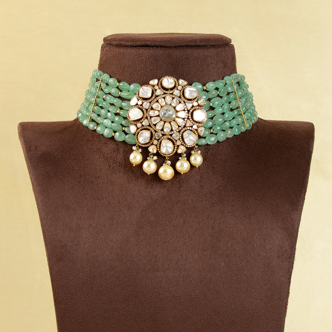 Emerald Polki Pendant Choker - Krishna Jewellers Pearls and Gems