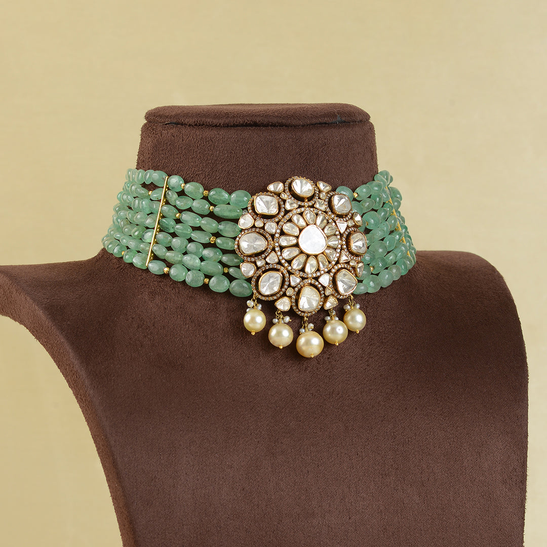 Emerald Polki Pendant Choker - Krishna Jewellers Pearls and Gems