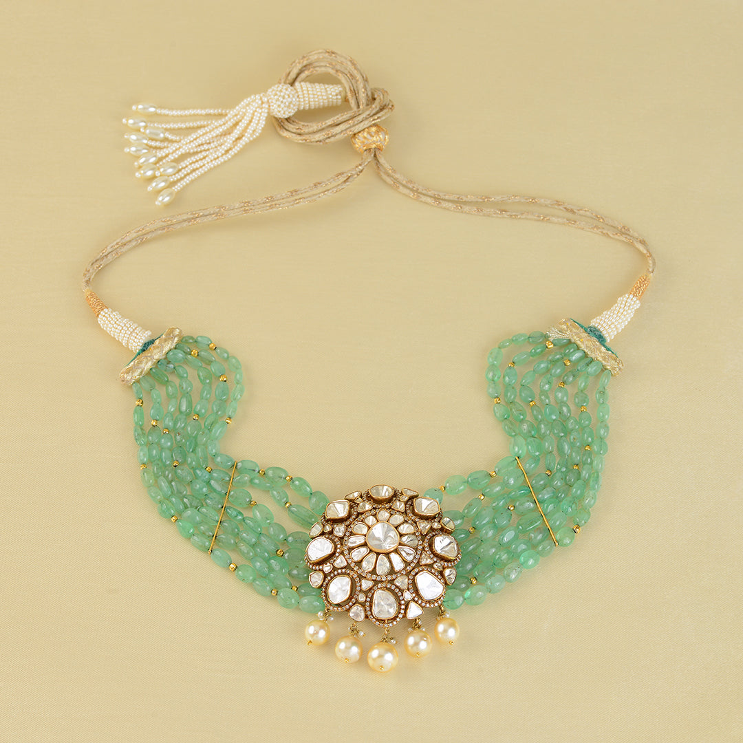 Emerald Polki Pendant Choker - Krishna Jewellers Pearls and Gems
