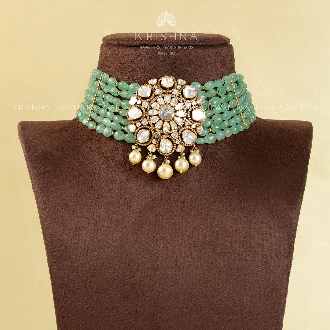 Emerald Polki Pendant Choker - Krishna Jewellers Pearls and Gems