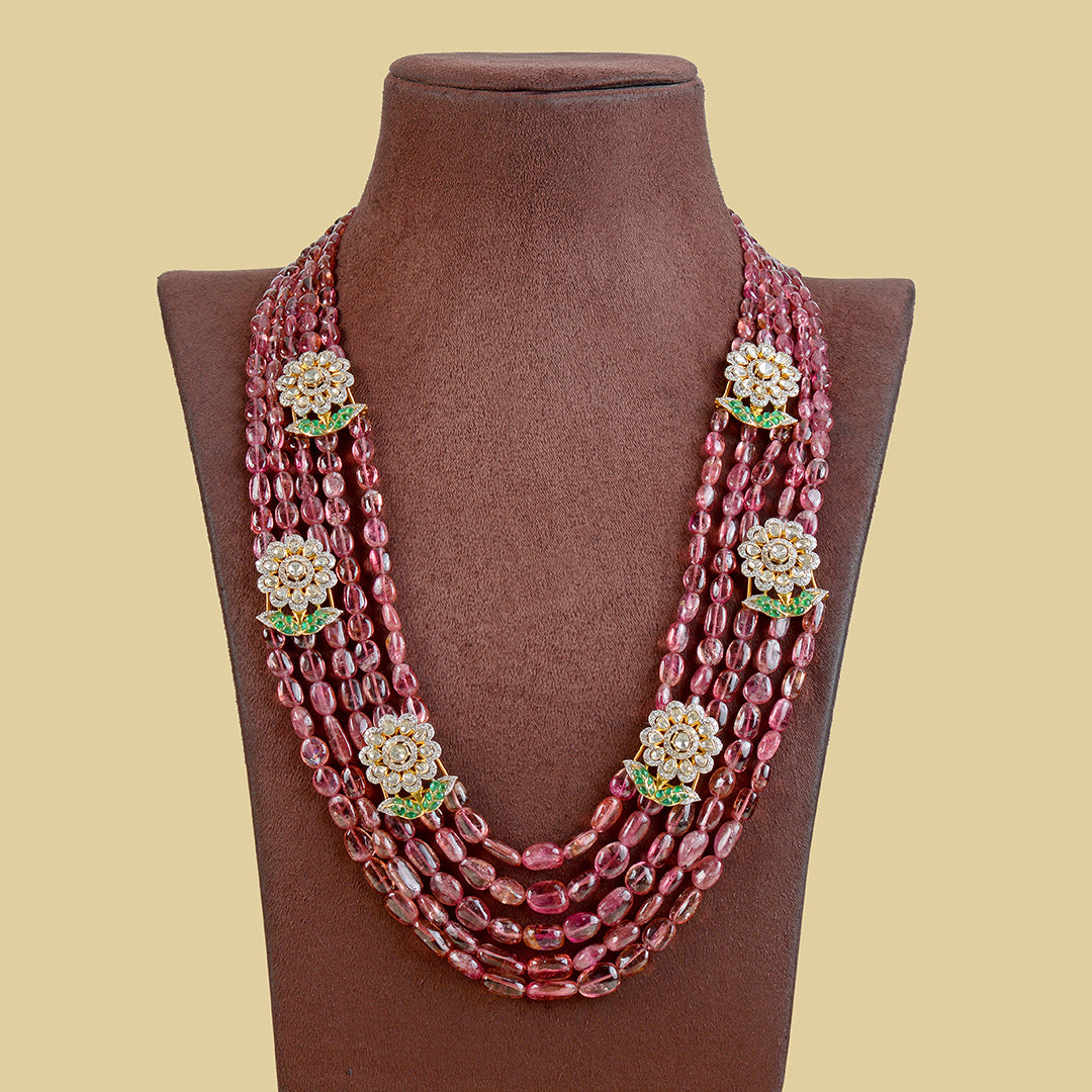 Gold Polki Tourmaline Beads Long Necklace - Krishna Jewellers Pearls and Gems