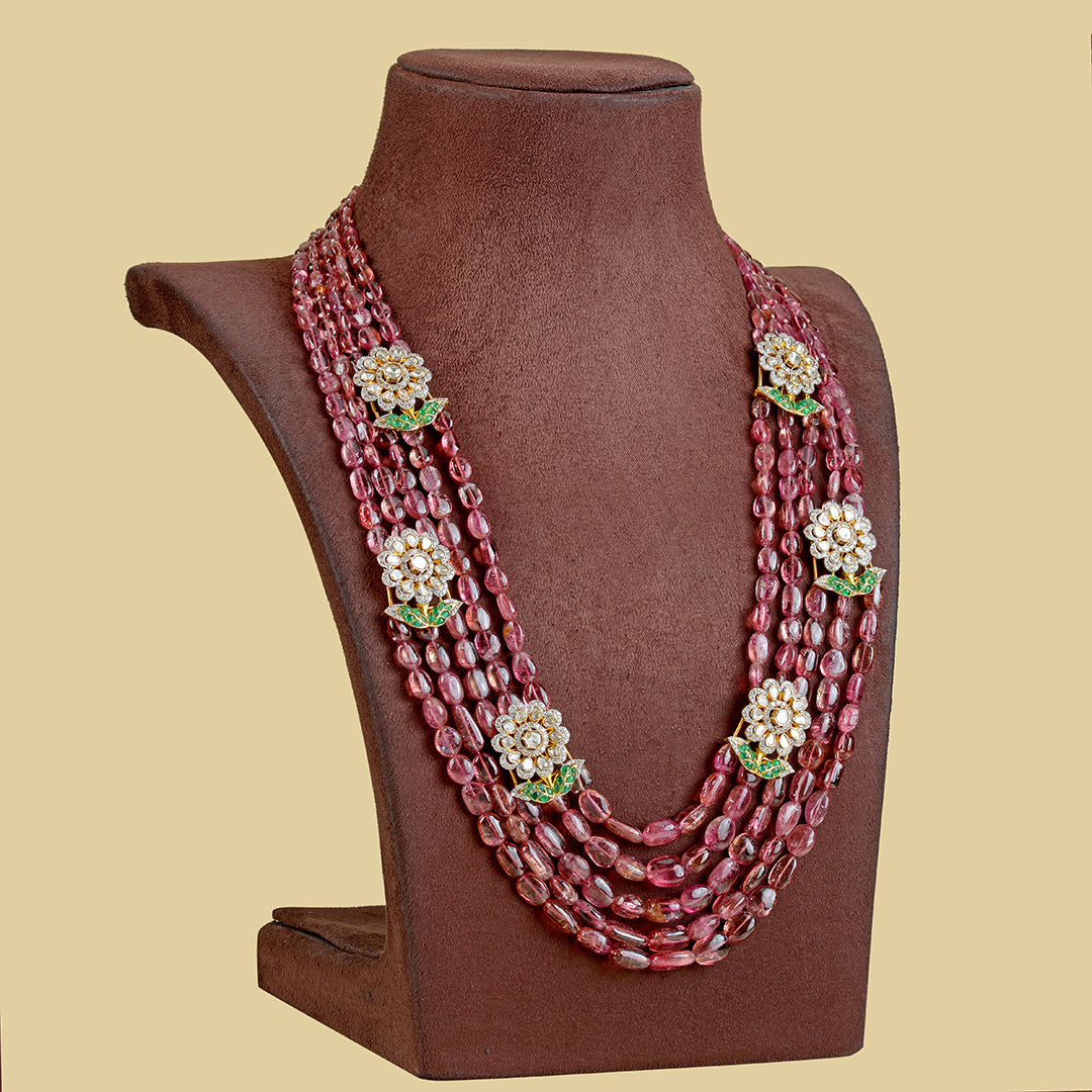 Gold Polki Tourmaline Beads Long Necklace - Krishna Jewellers Pearls and Gems