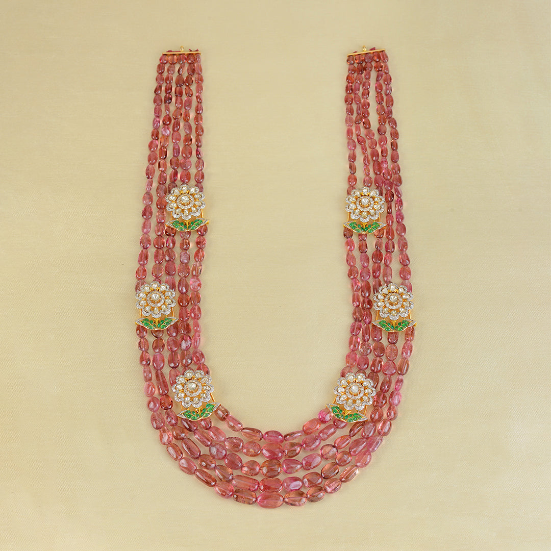Gold Polki Tourmaline Beads Long Necklace - Krishna Jewellers Pearls and Gems