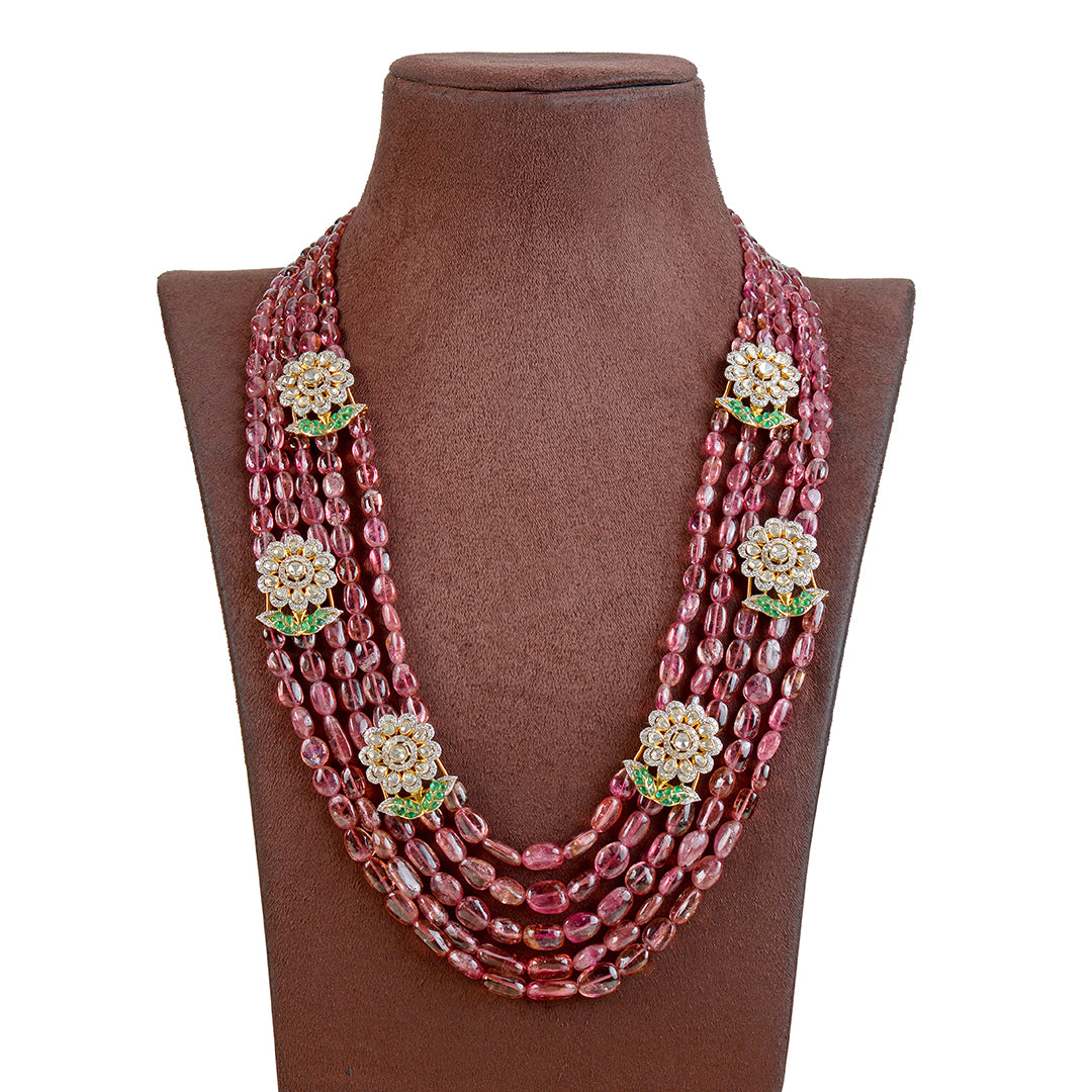 Gold Polki Tourmaline Beads Long Necklace - Krishna Jewellers Pearls and Gems