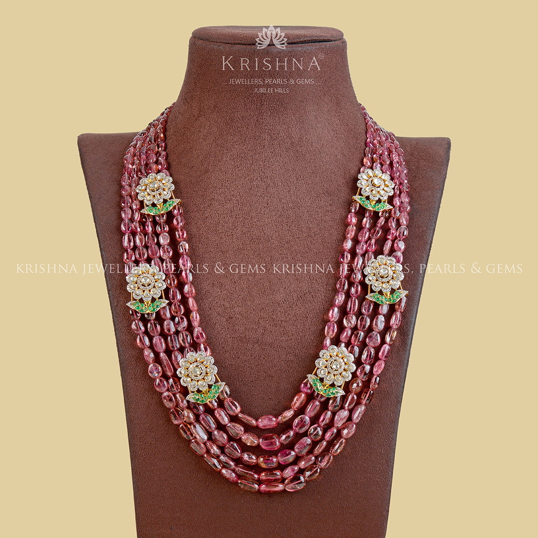 Gold Polki Tourmaline Beads Long Necklace - Krishna Jewellers Pearls and Gems