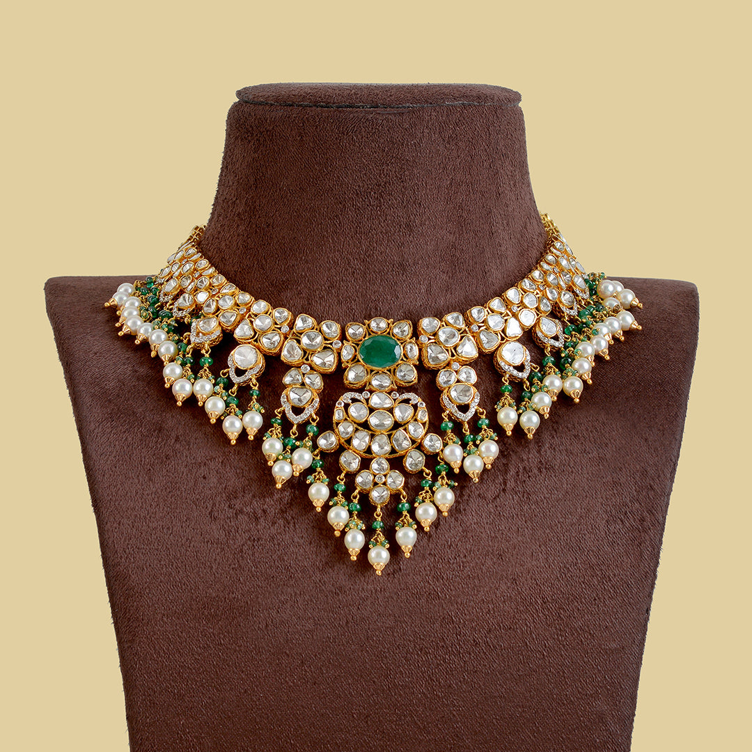 22k Gold Polki Emerald Pearl Necklace - Krishna Jewellers Pearls and Gems